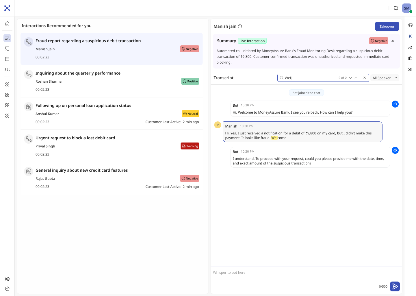 Transcript search with live result highlighting across a running bot conversation